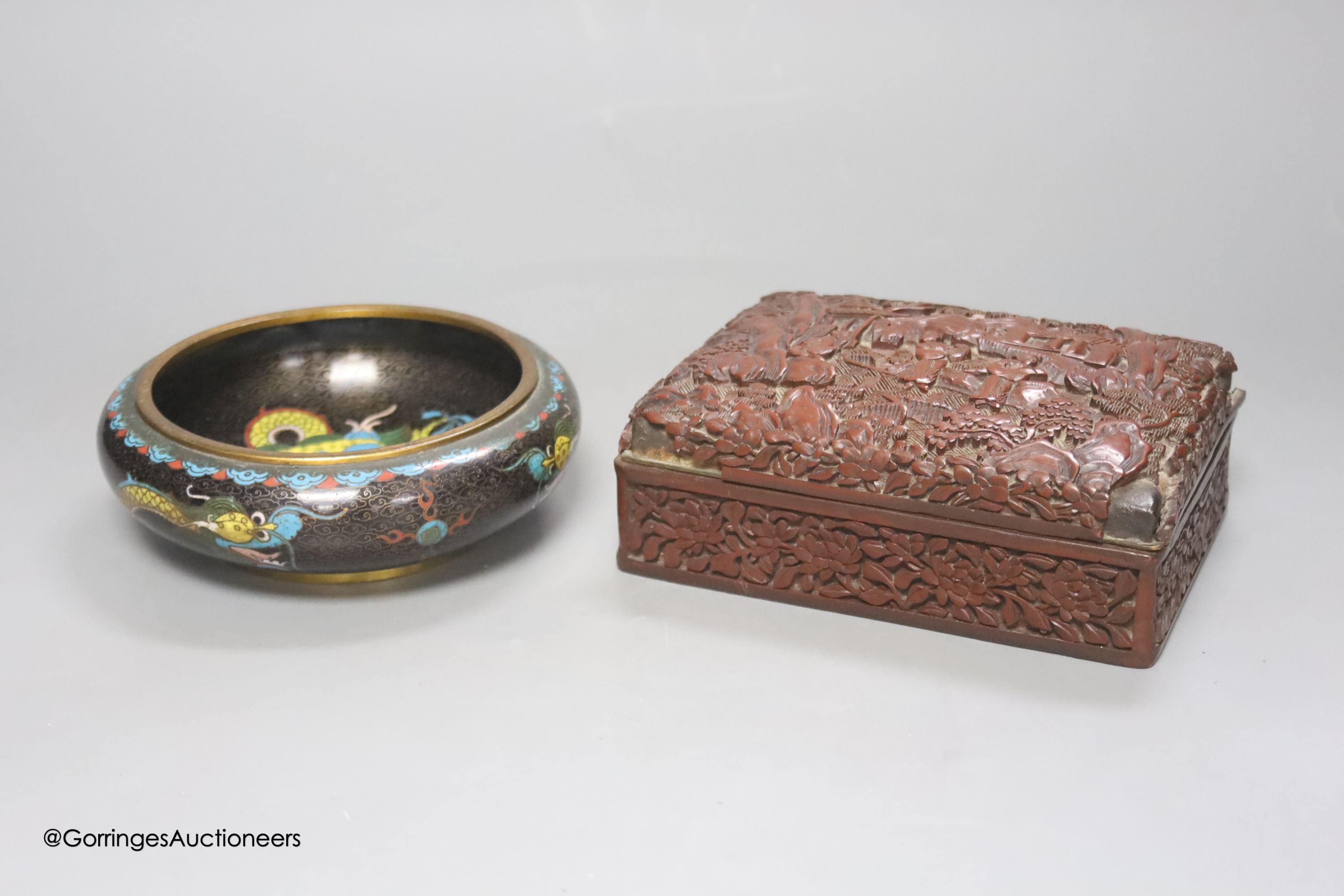 A 1920's Chinese cloisonne enamel 'dragon' bowl and a cinnabar lacquer box, 15 x 11 x 5cm